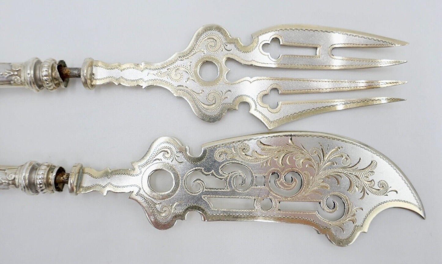 Seltenes Antikes 2 Tlg. Vorlegebesteck Fischgerichte Silber / vergoldet 19. JH - Antikhandel-Stuttgart