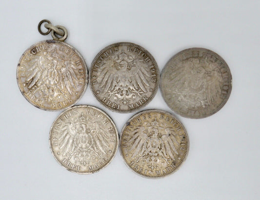 5 Stück 3 Mark 1910-1913 Deutscher Preussen Württemberg Sachsen Lot Konvolut - Antikhandel-Stuttgart