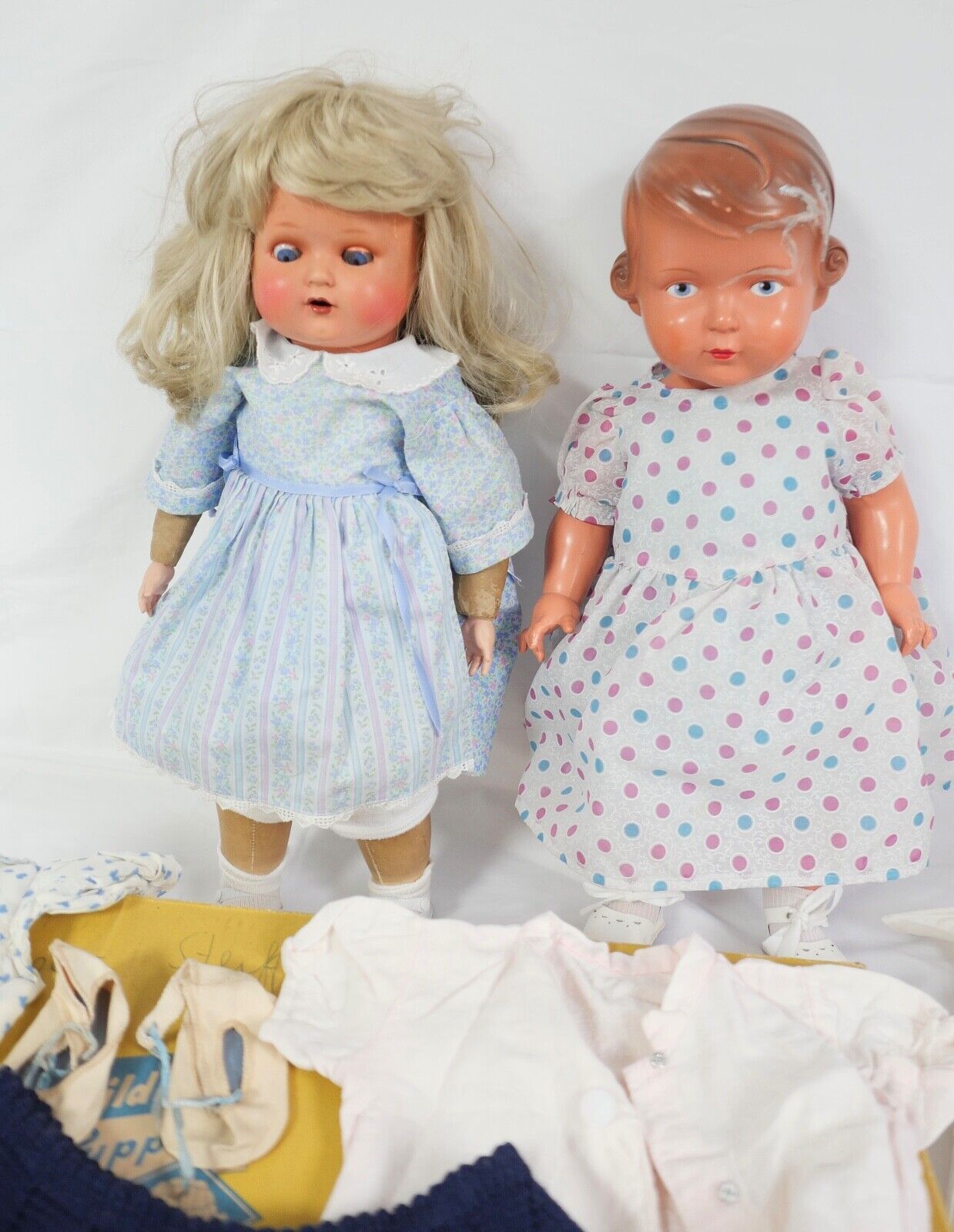 2x alte SCHILDKRÖT Puppen Puppe mit Original Karton & Kleidung 130 / 55 1/2 53 - Antikhandel-Stuttgart