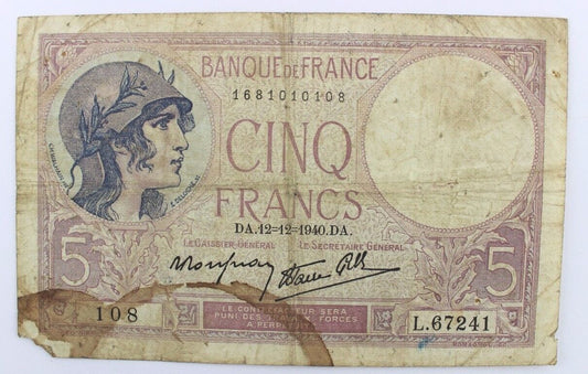 5 Francs Cinq Banknote 1940 bill Bank de France Frankreich facture - Antikhandel-Stuttgart