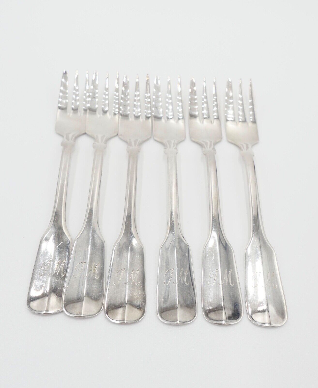 800 Silber Besteck 6 tlg. Kuchengabel Gebrüder Reiner Spatenmuster Monogramm JM - Antikhandel-Stuttgart