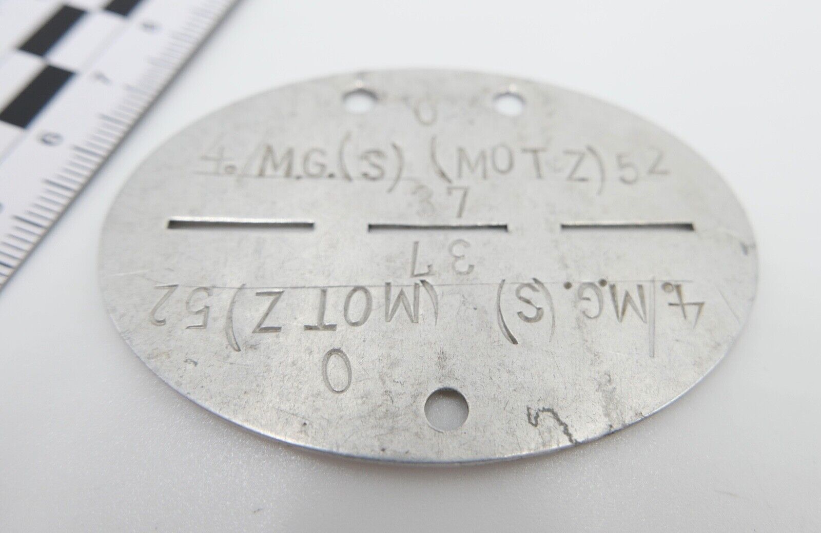 Original Erkennungsmarke WK2 WW2 3. Reich 4.M.G.(S) 52 37 mit Band in Aluminium - Antikhandel-Stuttgart