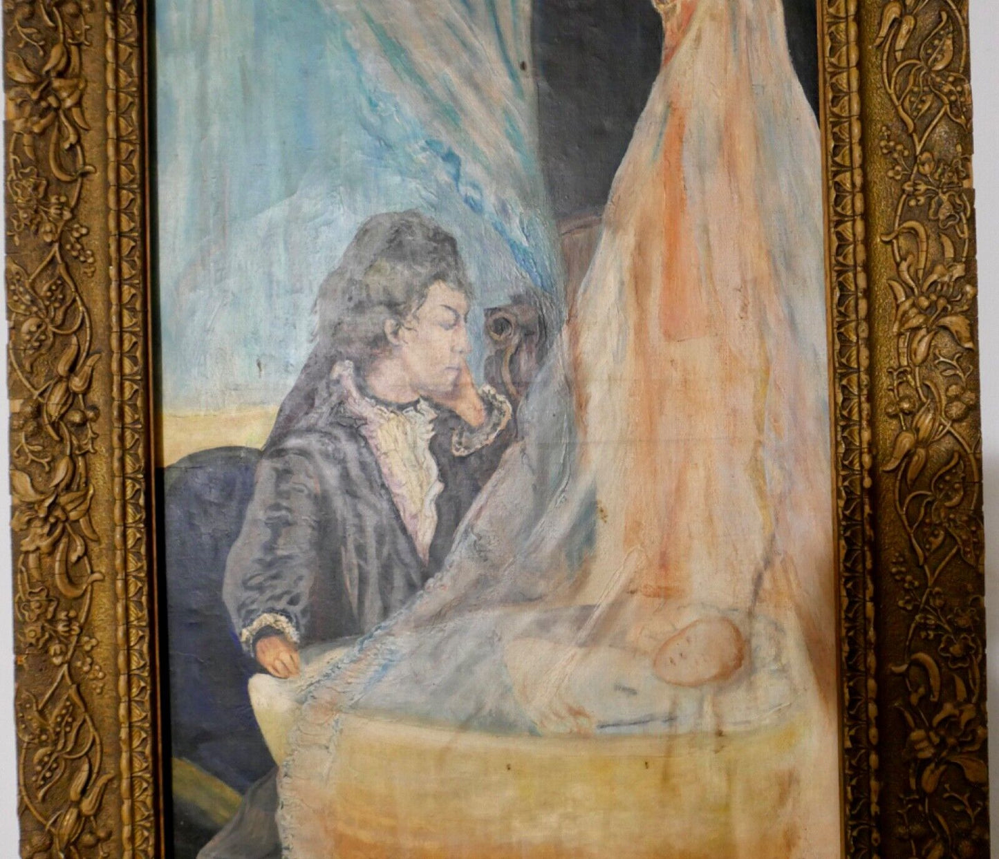 Gemälde Öl oil Leinwand 67x51 cm signiert "GODO" Vater an Kinderwiege - Antikhandel-Stuttgart