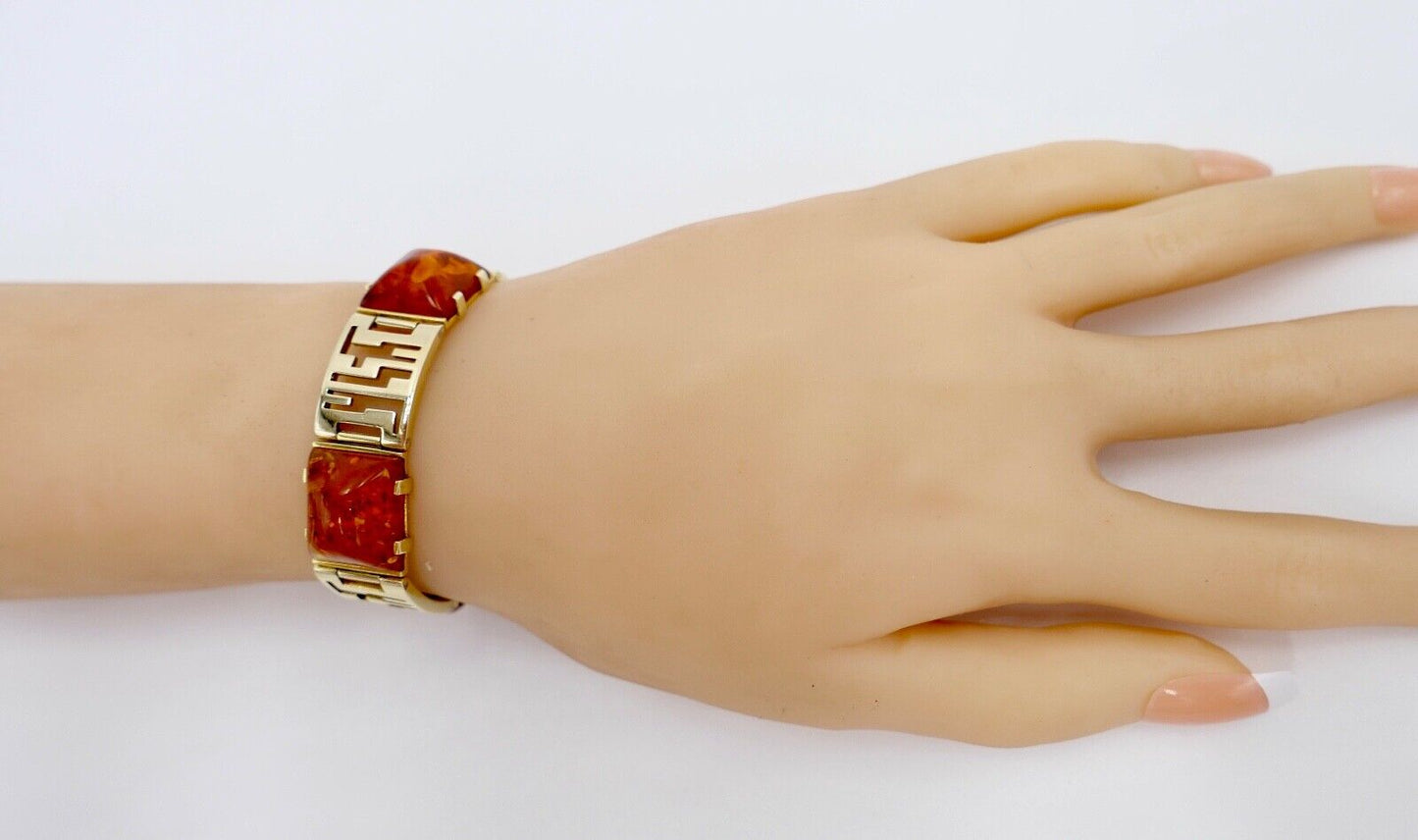 1980er Bernstein Armband Armschmuck 333 / 8K Gelb Gold Amber 18,5 cm - Antikhandel-Stuttgart