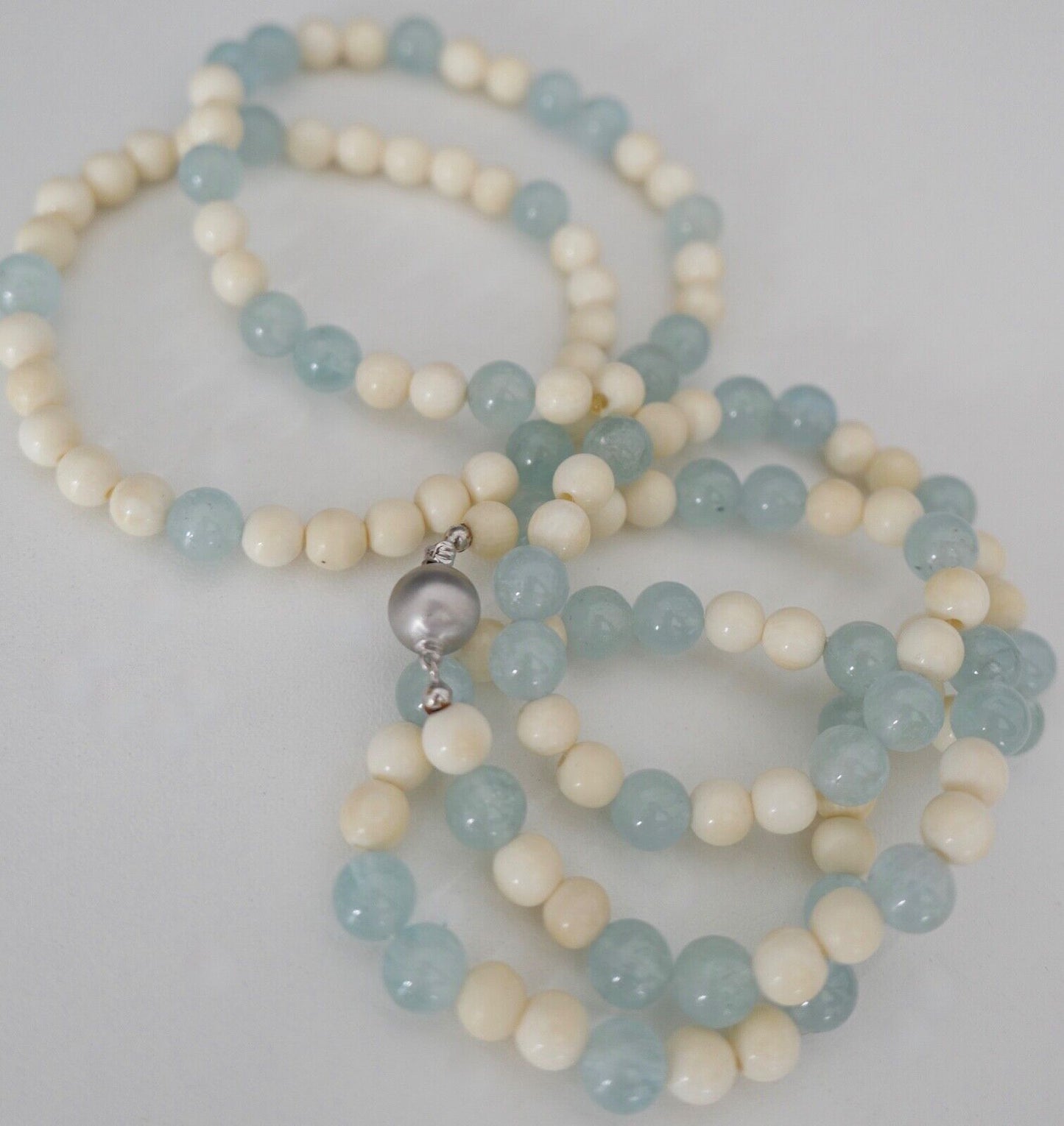 SET 3 Teilig Armband & Kette 55 cm Bein & Aquamarin 585 / 14K Gold - Antikhandel-Stuttgart