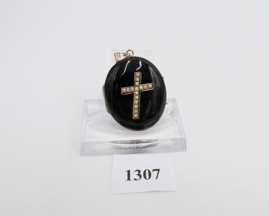 Biedermeier um 1840 Anhänger Foto Medaillon Gold 585 14K Saatperlen & Onyx Kreuz - Antikhandel-Stuttgart