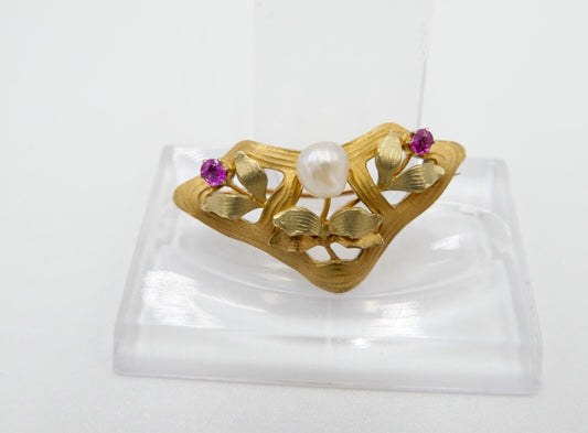 Massive antike florale Brosche mit Rubin & Perle in 585 14K Gold Jugendstil - Antikhandel-Stuttgart