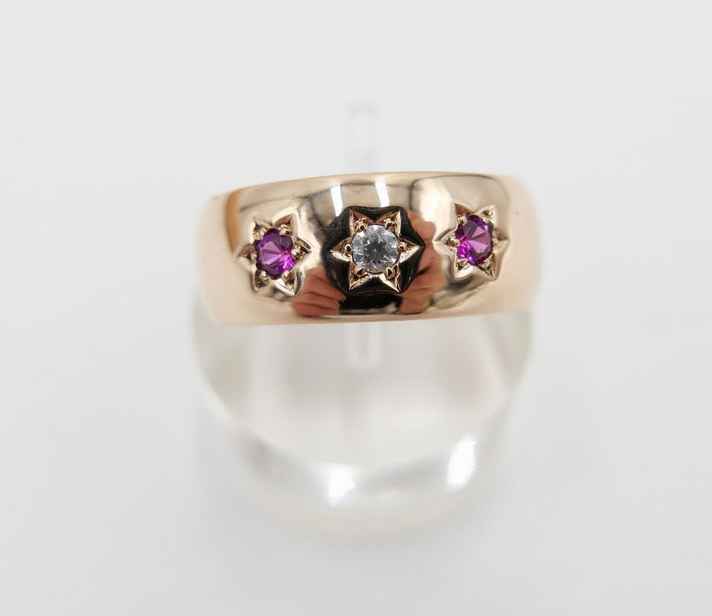 1960er Jahre Damen Ring Rotgold 583 / 14K Gr. 57 POLEN Zirk. & Rubin Stern Motiv - Antikhandel-Stuttgart