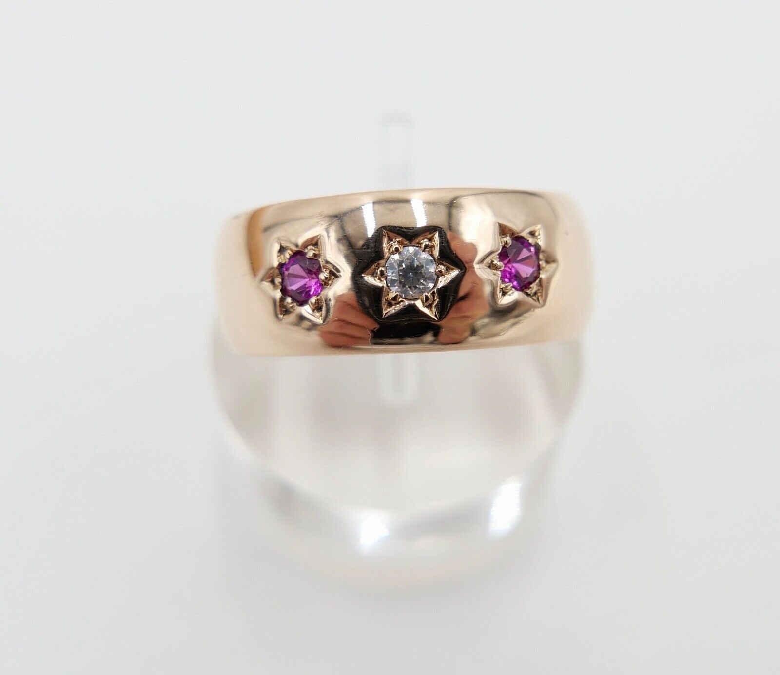 1960er Jahre Damen Ring Rotgold 583 / 14K Gr. 57 POLEN Zirk. & Rubin Stern Motiv - Antikhandel-Stuttgart