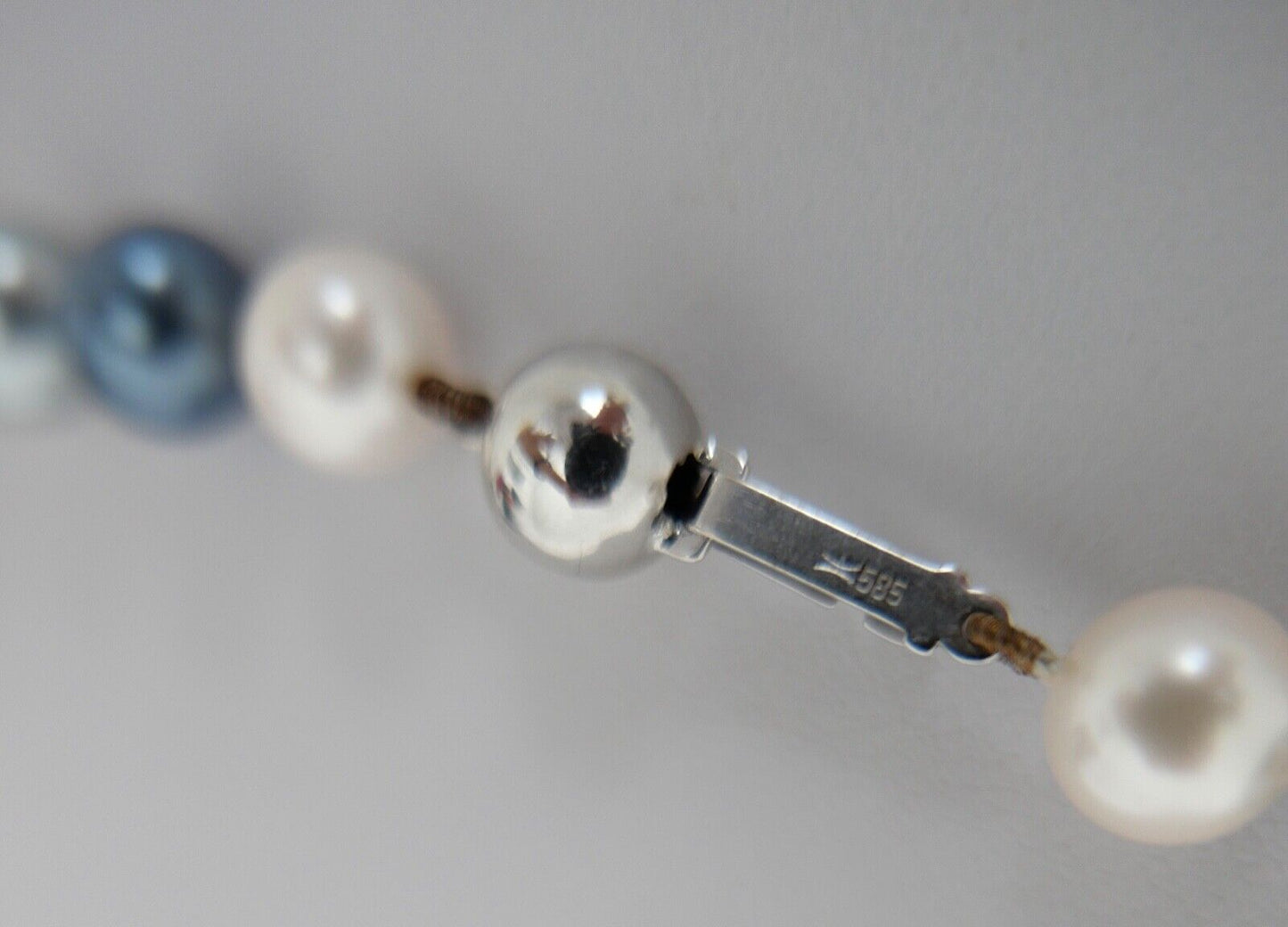 Perlenkette blaue Perlen Gold 585 / 14K pearl Ø 8,2 mm 45,5 cm bunt - Antikhandel-Stuttgart