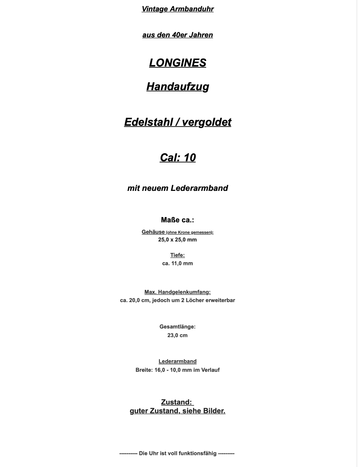 vintage 40er Jahre LONGINES vergoldet Cal. 10 Herrenuhr Damenuhr - Antikhandel-Stuttgart