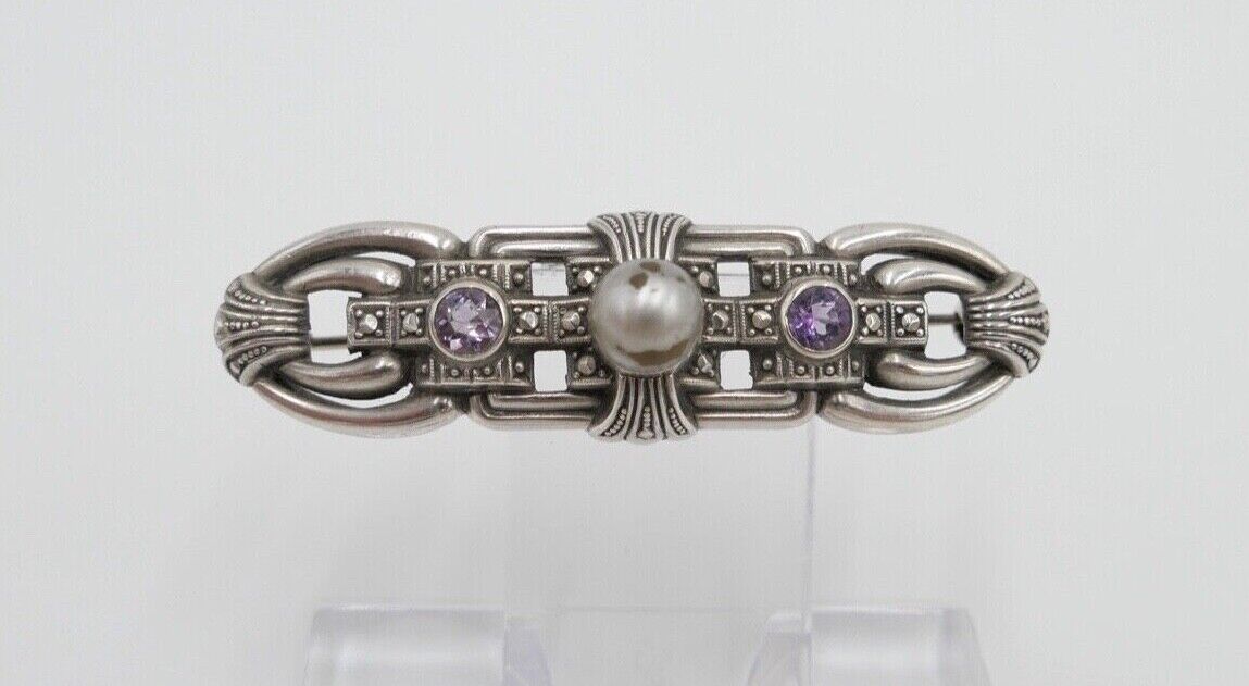 20er 30er Jahre Art Deco Silber 835 Brosche 53 mm mit lila Amethyst und Perle - Antikhandel-Stuttgart