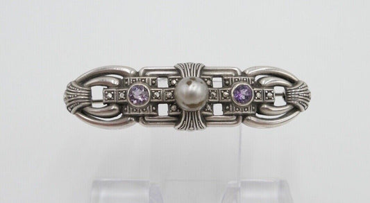 20er 30er Jahre Art Deco Silber 835 Brosche 53 mm mit lila Amethyst und Perle - Antikhandel-Stuttgart