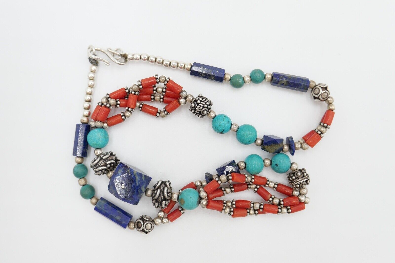 925 Silber Collier 47 cm mit Lapislazuli / Lapis / Türkis / Koralle - Antikhandel-Stuttgart