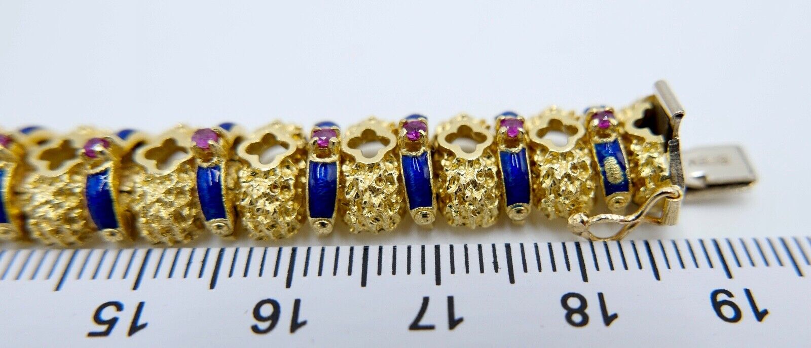 Massives UNOAERRE Gelbgold Armband 750 18K Emaille Rubin 1AR Arezzo Italien 60er - Antikhandel-Stuttgart