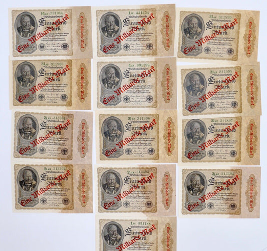 13x Ro. 110b Banknote 1 Milliarde Mark Überdruck KFR fortlaufend Kassenfrisch - Antikhandel-Stuttgart