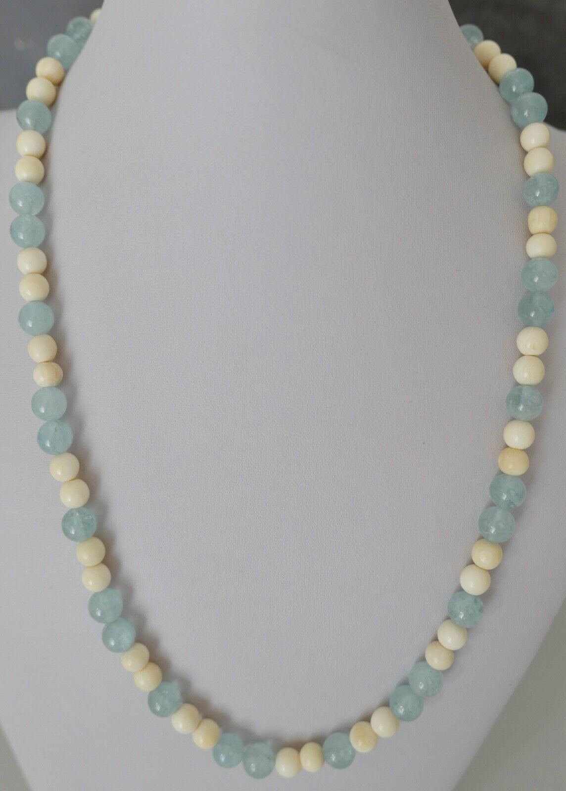 SET 3 Teilig Armband & Kette 55 cm Bein & Aquamarin 585 / 14K Gold - Antikhandel-Stuttgart