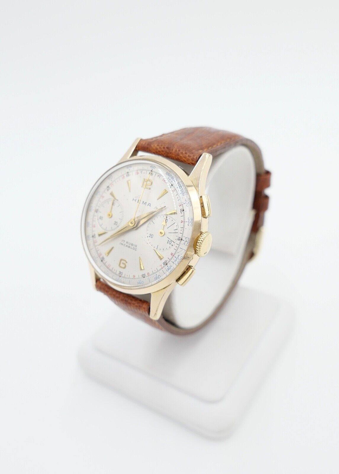 HEMA Chronograph Cal. Landeron 248 Herren Armbanduhr Handaufzug Ø 34mm neus Band - Antikhandel-Stuttgart