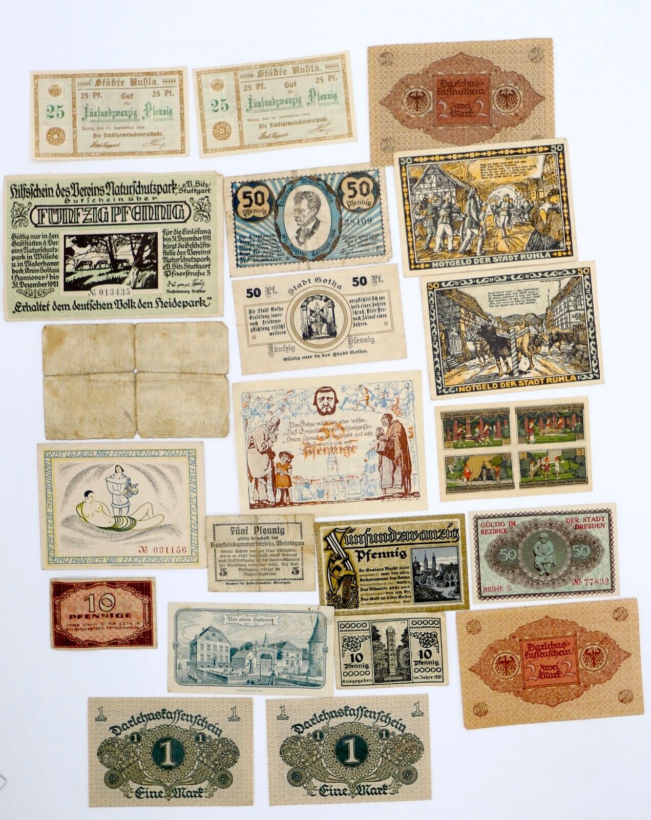 Posten 21 Notgeld Scheine 5 10 25 50 Pfennig 1 2 Mark teilweise UNC unzirkuliert - Antikhandel-Stuttgart