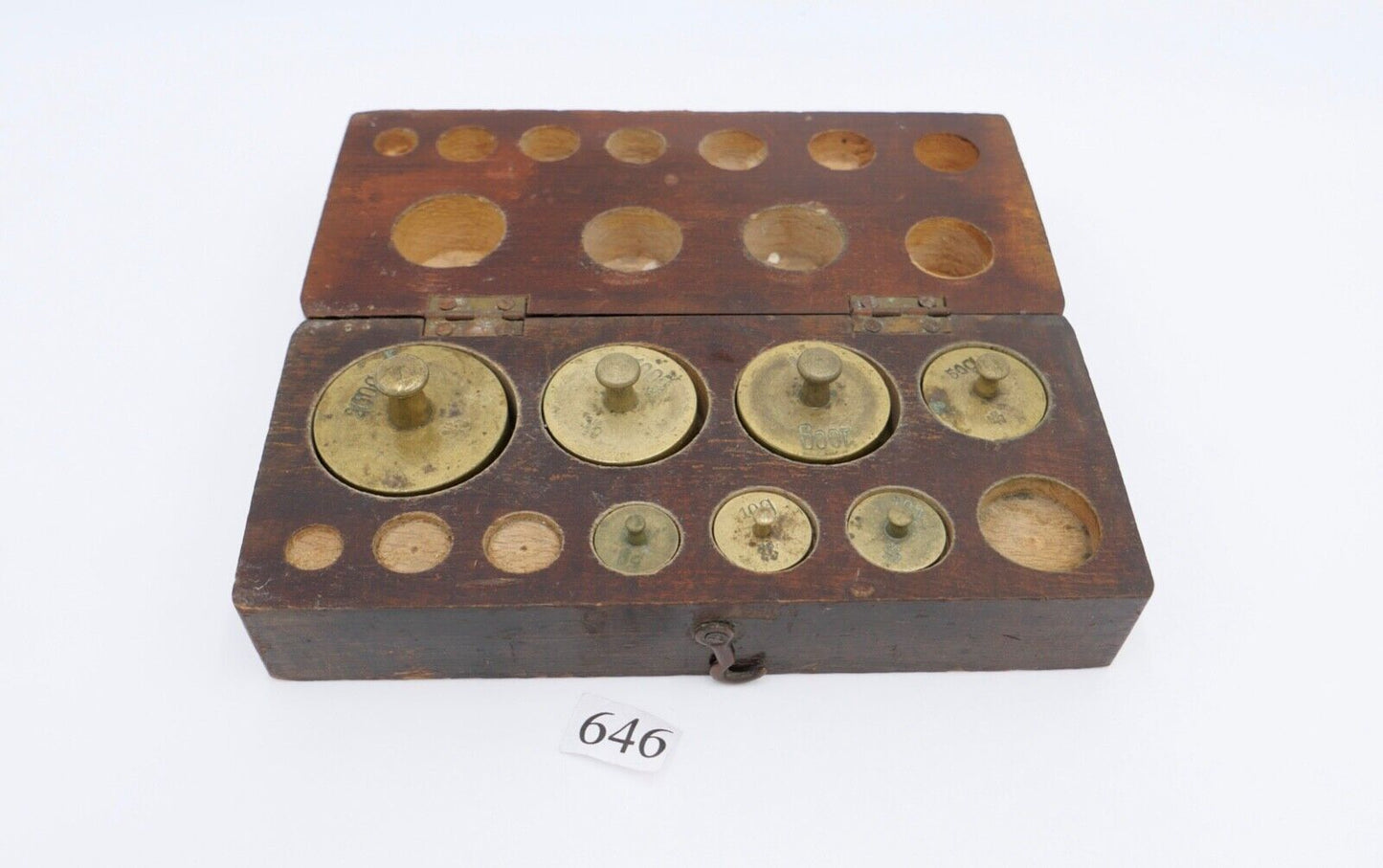 alt alter Messing Gewichtssatz Holzkasten Apothekergewichte Eichstempel 5-200 g - Antikhandel-Stuttgart
