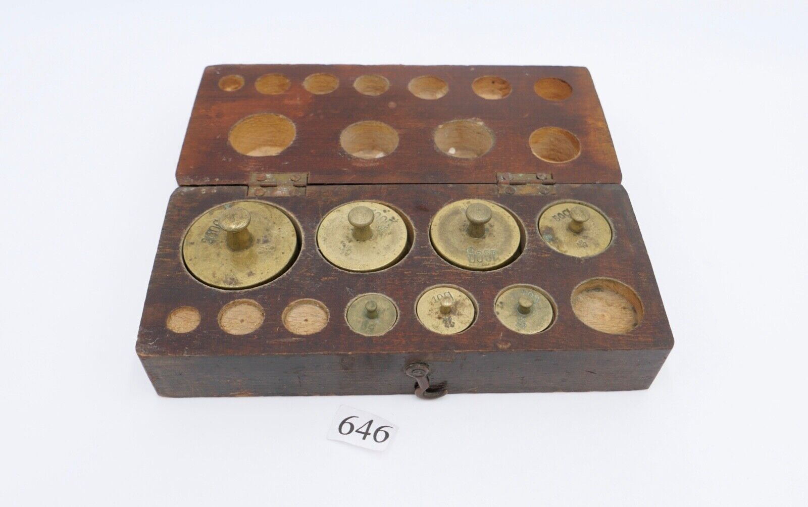 alt alter Messing Gewichtssatz Holzkasten Apothekergewichte Eichstempel 5-200 g - Antikhandel-Stuttgart