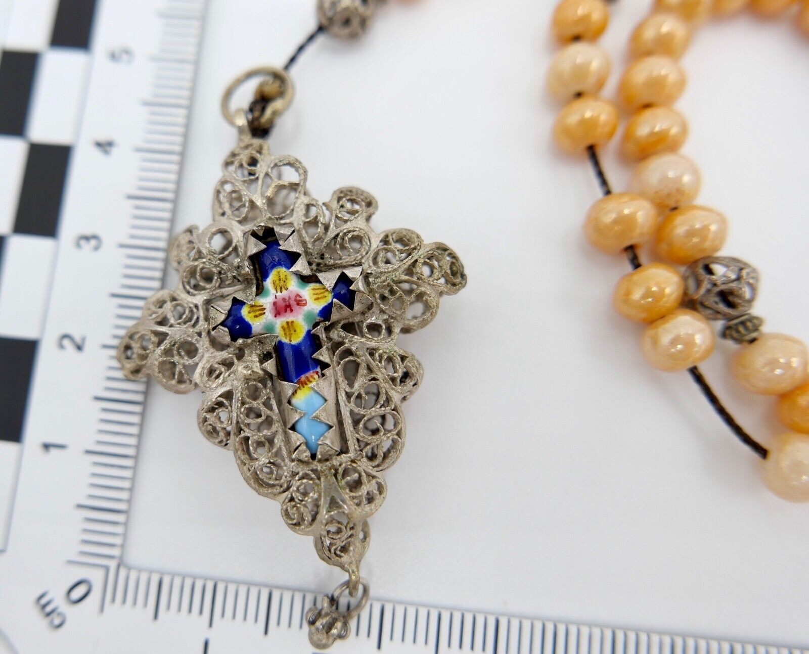 Antiker Filigraner Rosenkranz / Gebetskette Emaile Email Kreuz Silber um 1870 - Antikhandel-Stuttgart