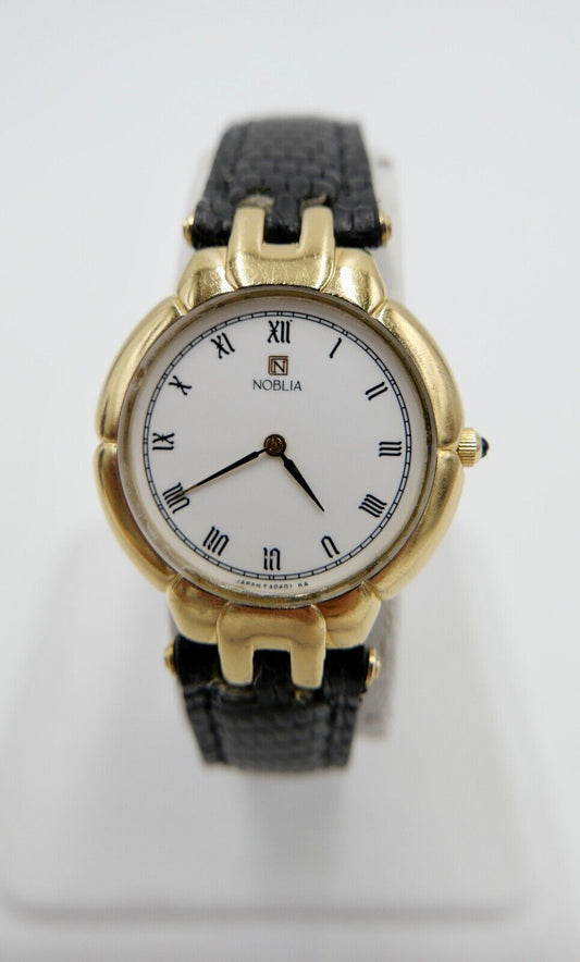 90er Jahre Noblia Damen Armbanduhr 5420-F41434 Y Quartz vergoldet Lederband - Antikhandel-Stuttgart