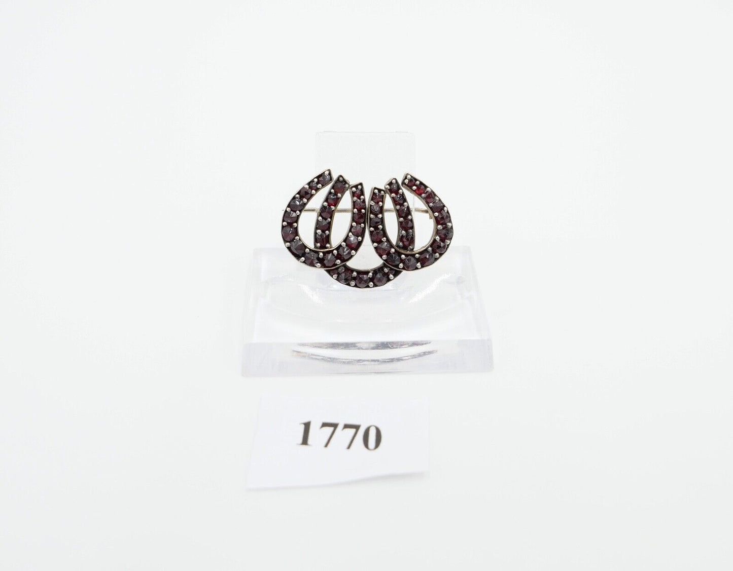 Brosche um 1900 Silber vergoldet Granat Hufeisen - Antikhandel-Stuttgart