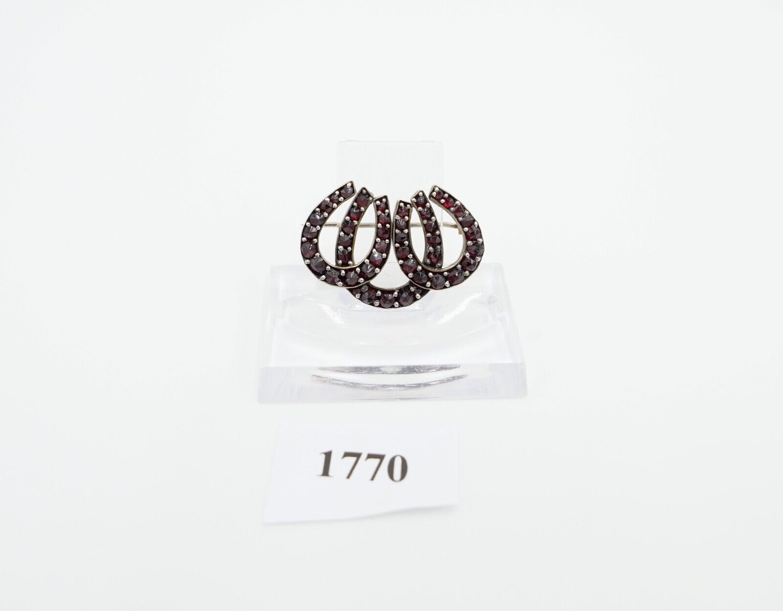 Brosche um 1900 Silber vergoldet Granat Hufeisen - Antikhandel-Stuttgart