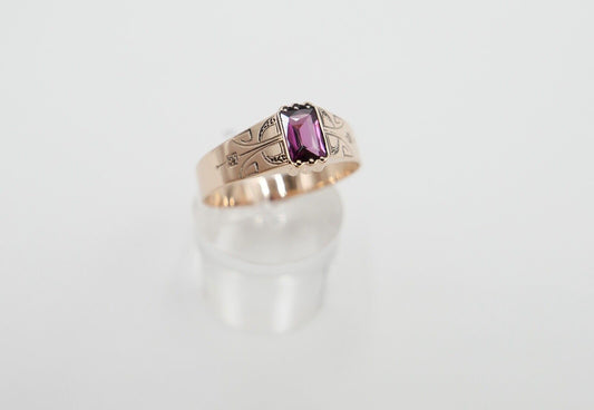 antiker Ring um 1890 handgraviert mit pinkem Granat 585 / 14K Rosegold Gr. 70 - Antikhandel-Stuttgart
