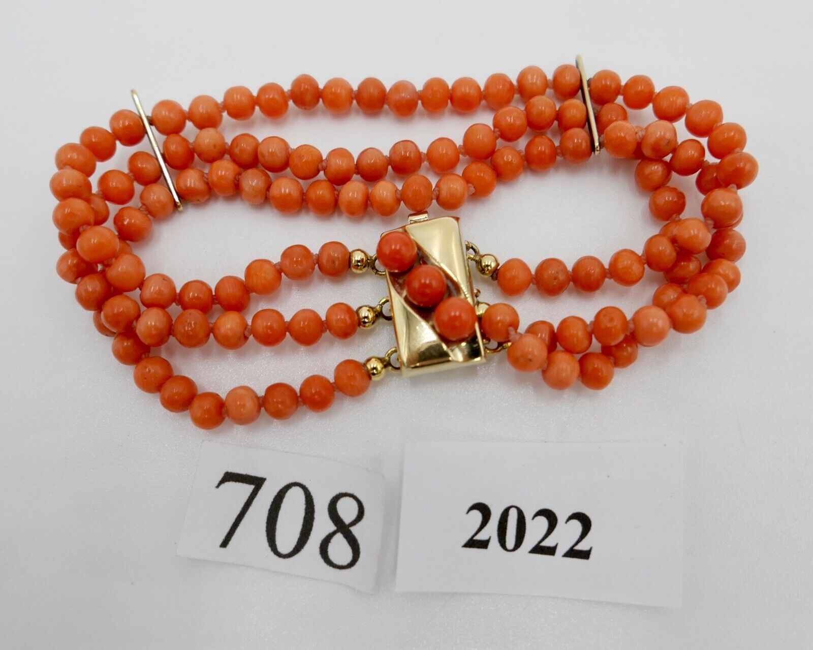 Korallen Armband 3 REIHIG 925 JKa Silber vergoldet ( aus einem Set ) - Antikhandel-Stuttgart