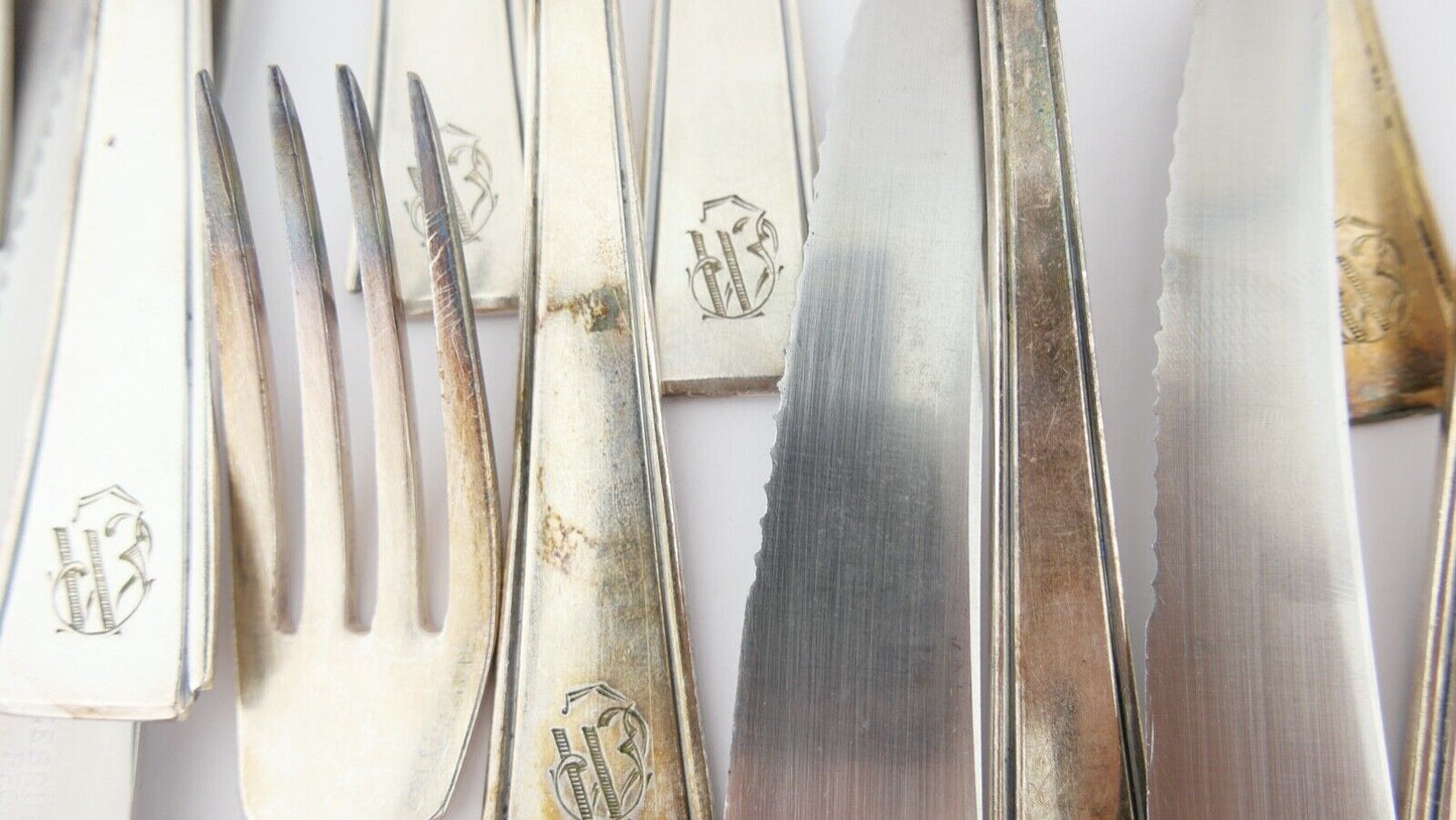 Art Deco " GEBR. HEPP 90 " 36 Tlg. cutlery Besteck 1930er 1940er Monogramm JW WJ - Antikhandel-Stuttgart