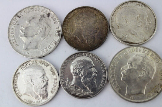 6x 2 & 3 Mark 1902 - 1914 " Friedrich Baden " Jäger J. 30 34 36 39 Silber - Antikhandel-Stuttgart