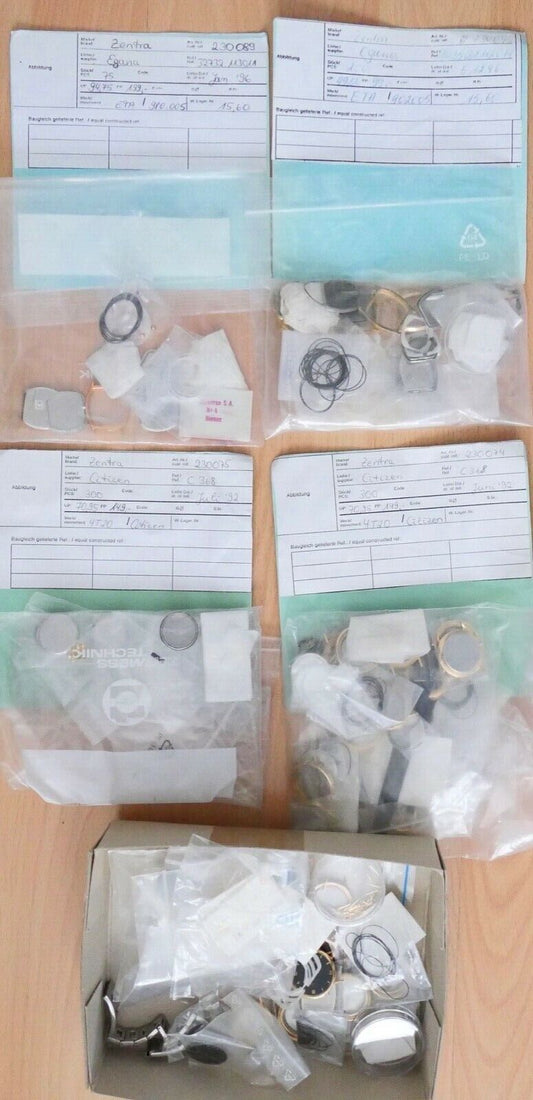 Uhrenzubehör Posten ZENTRA Gold NEU Uhren Gläser Gehäuse Lünetten Zeiger Kronen - Antikhandel-Stuttgart