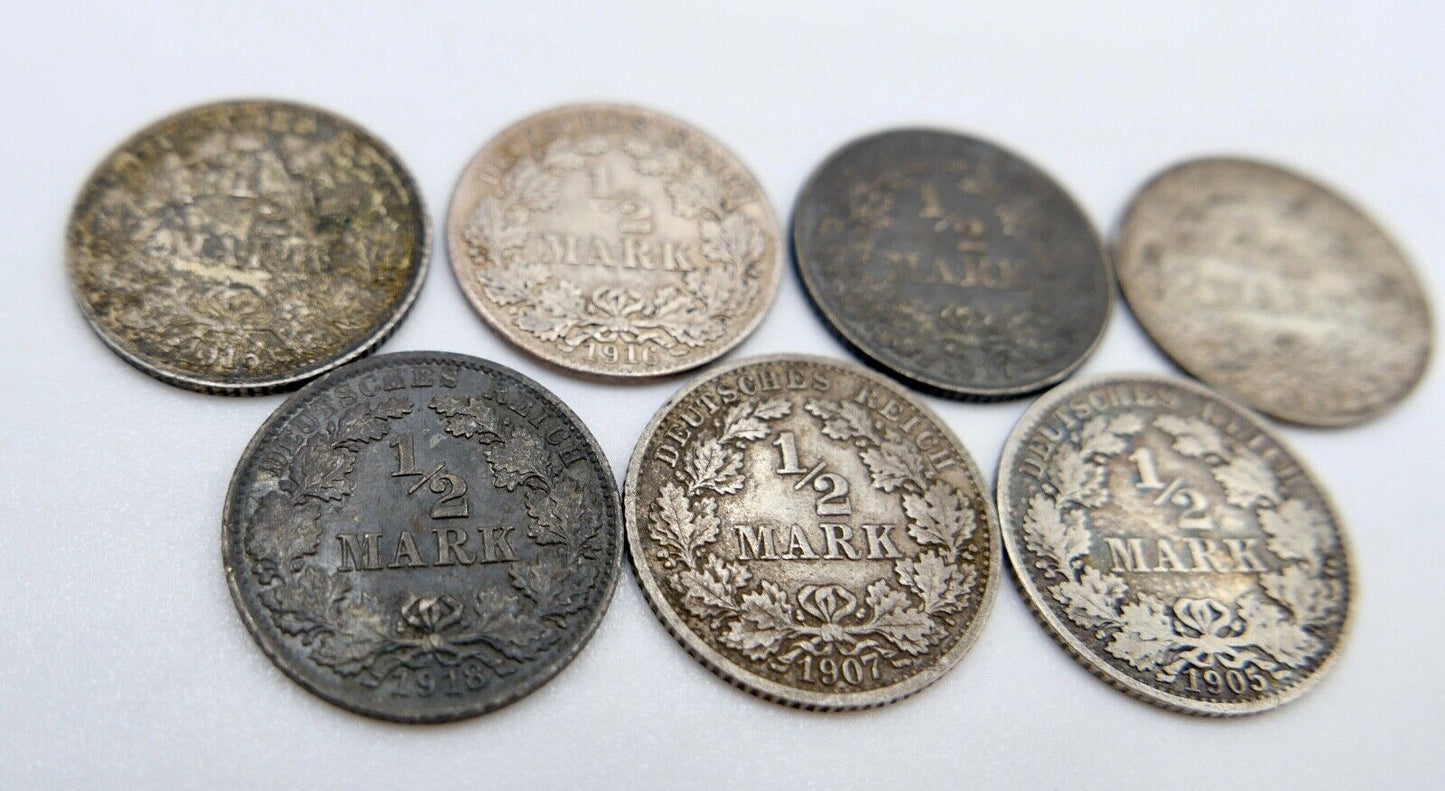 7x 1/2 Mark 1905 1907 1909 1915 1916 1917 1918 F D G A Silbermünze Jäger J.16 - Antikhandel-Stuttgart