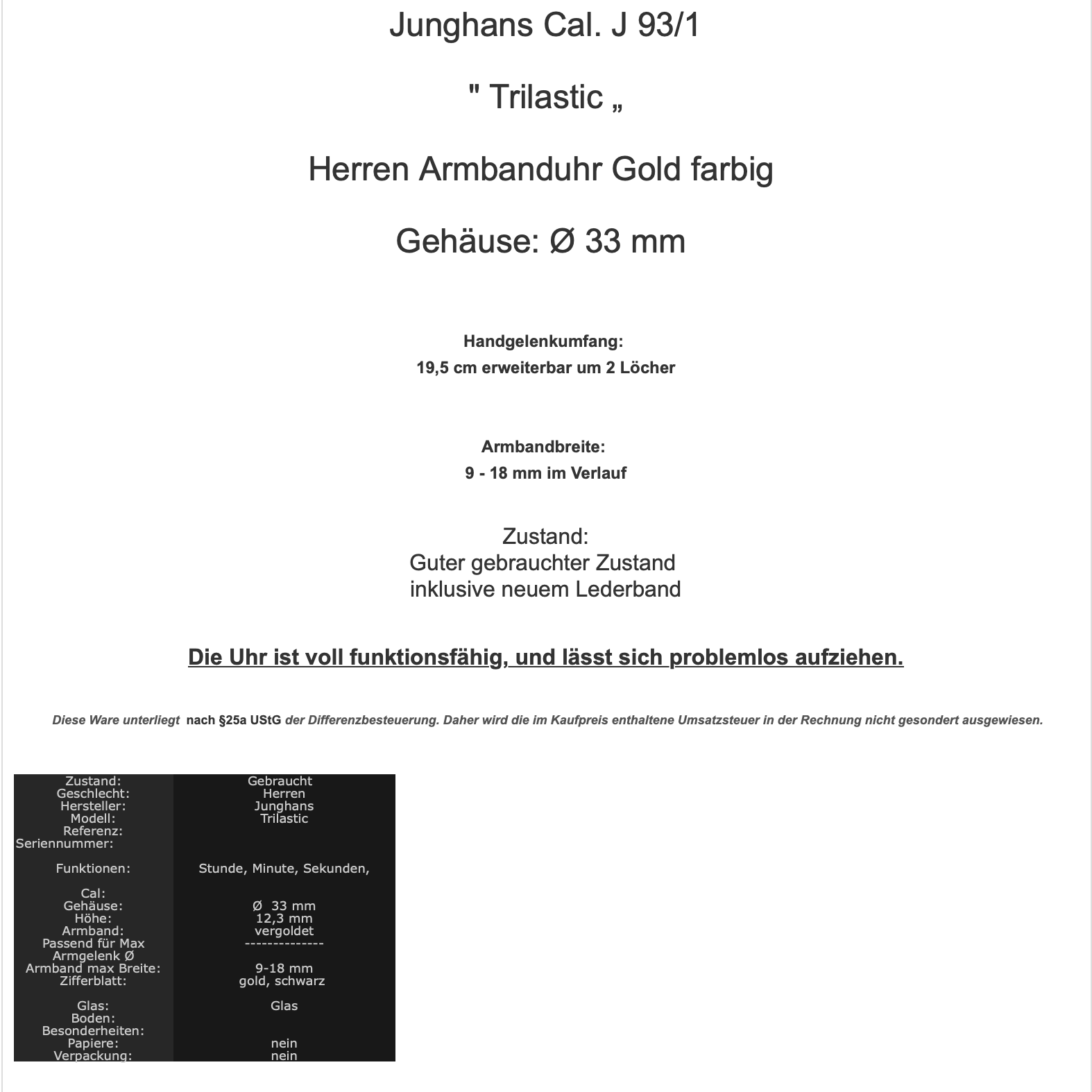 Junghans Cal. J 93/1 " Trilastic " Herren Armbanduhr Gold farbig Ø 33 mm - Antikhandel-Stuttgart