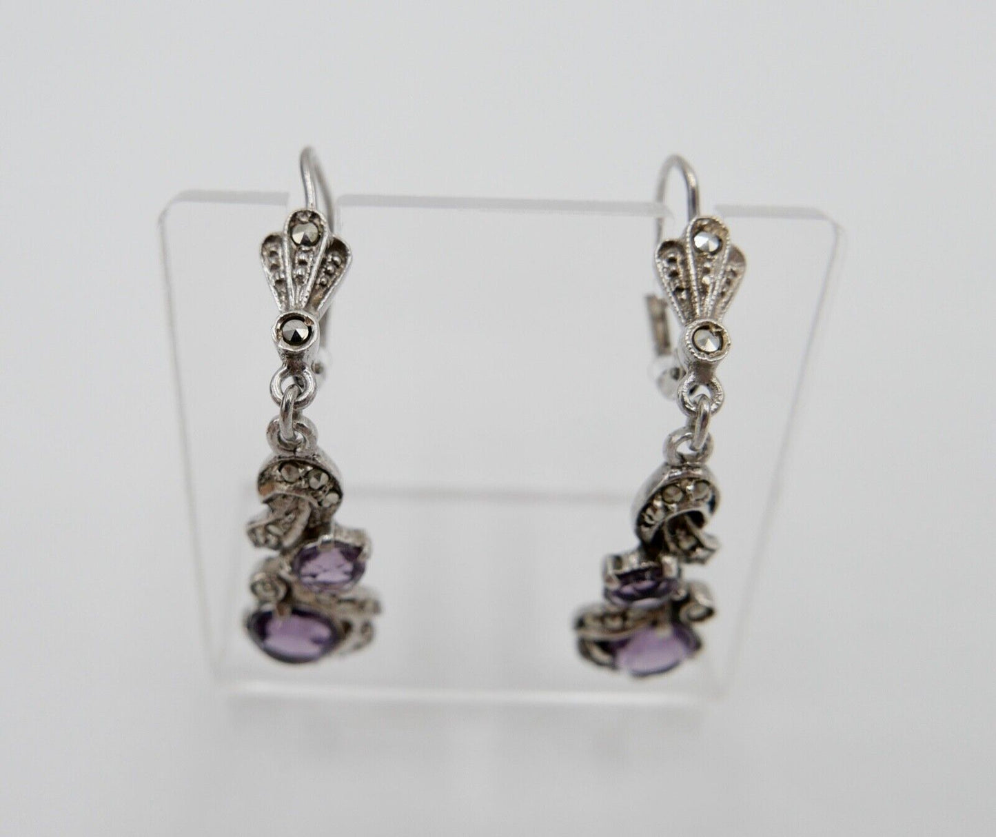 50er Jahre Ohrringe Ohrhänger 935 Silber mit Markasiten und lila Glassteinen - Antikhandel-Stuttgart