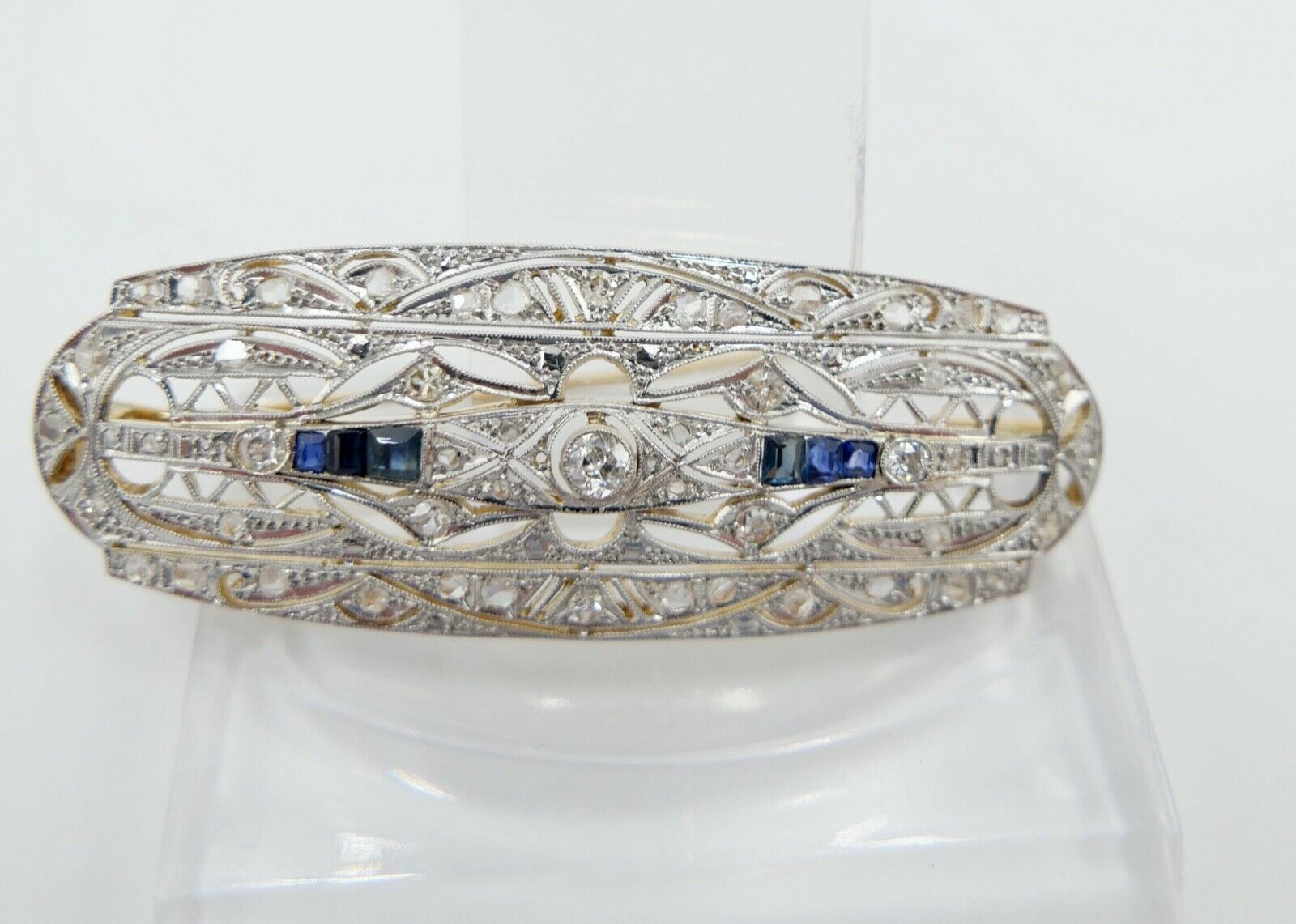 Art Deco 20er Brosche Gold Platin mit 6 Saphiren 55 Diamanten 1,8 Ct 750 18K - Antikhandel-Stuttgart