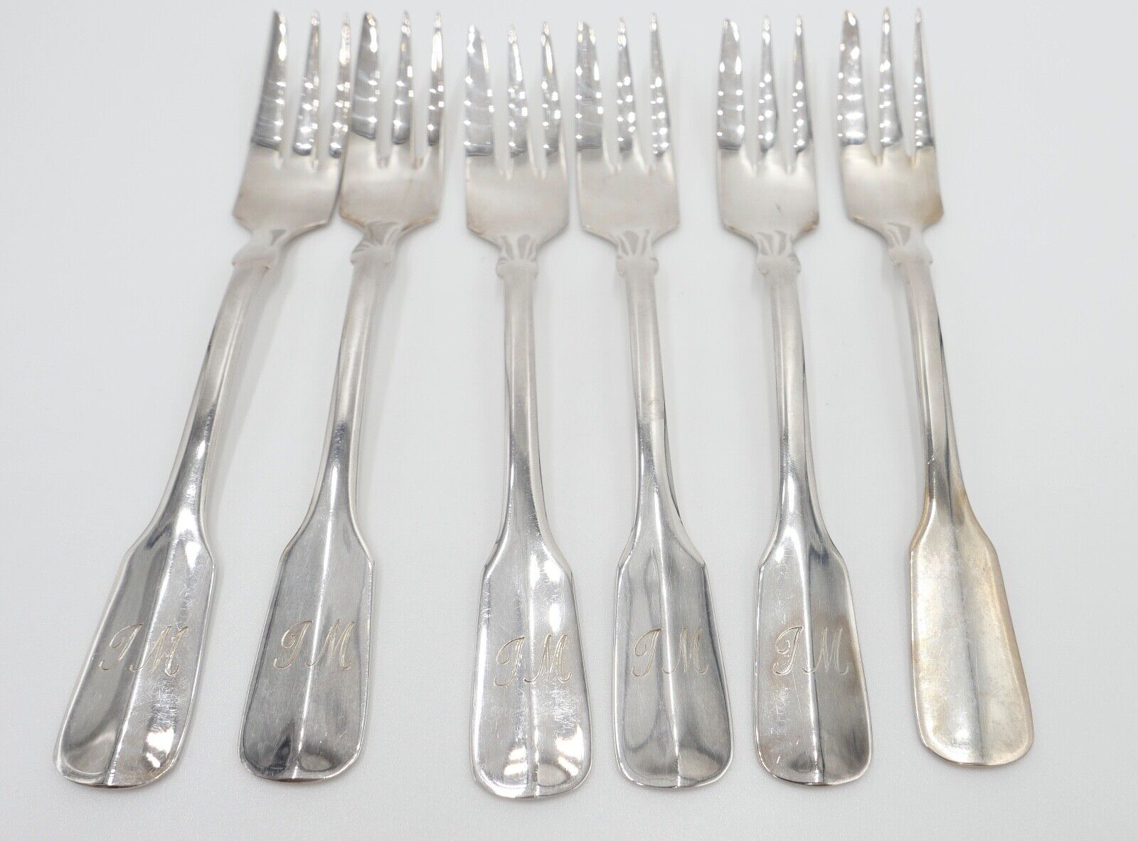 800 Silber Besteck 6 tlg. Kuchengabel Gebrüder Reiner Spatenmuster Monogramm JM - Antikhandel-Stuttgart