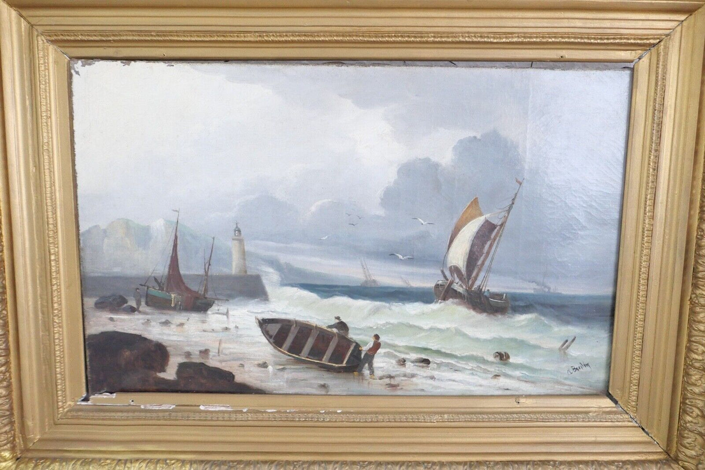 85,5 x 63 cm Gemälde Meer Schiffe Öl auf Leinwand Goldrahmen Prunkrahmen - Antikhandel-Stuttgart