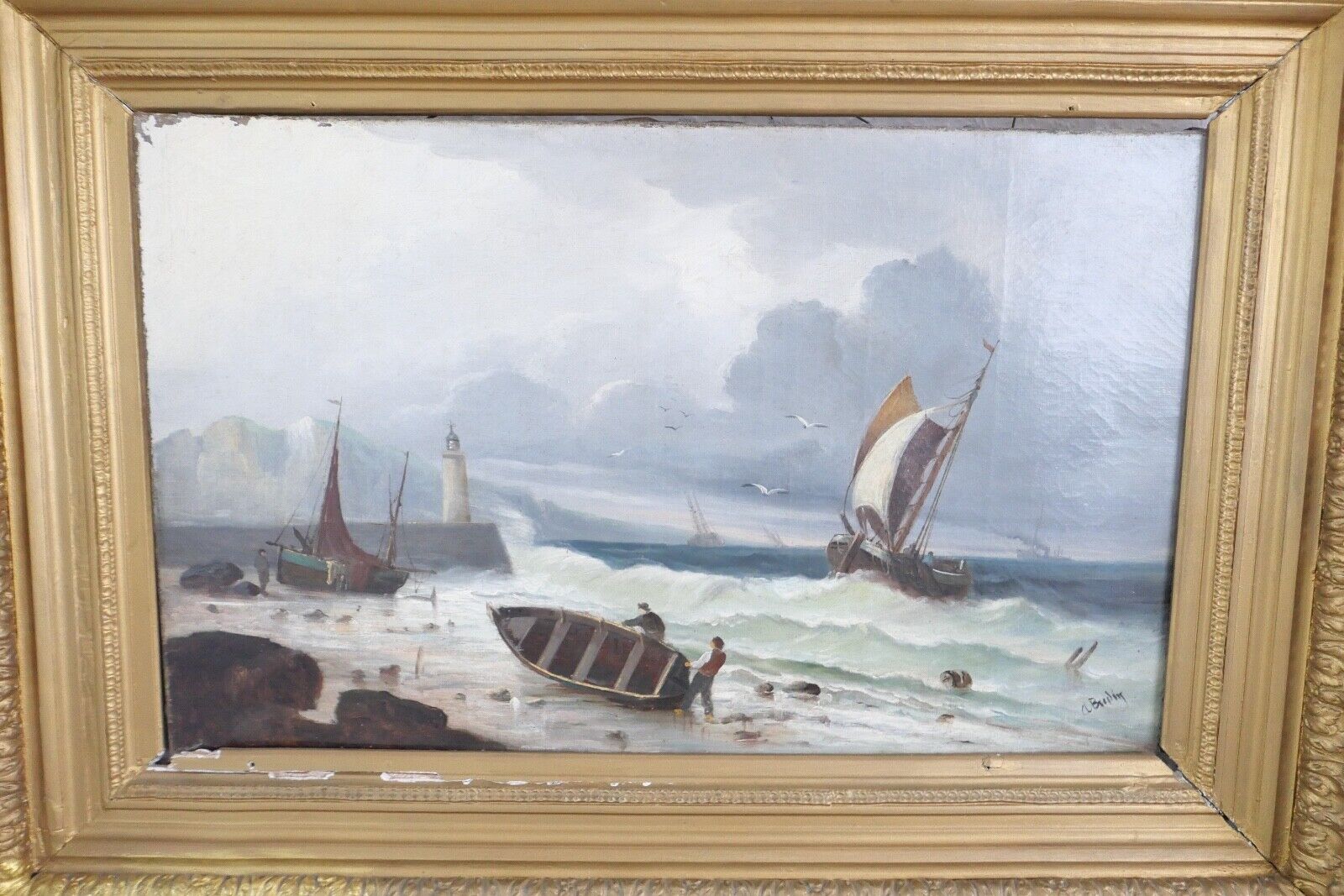 85,5 x 63 cm Gemälde Meer Schiffe Öl auf Leinwand Goldrahmen Prunkrahmen - Antikhandel-Stuttgart