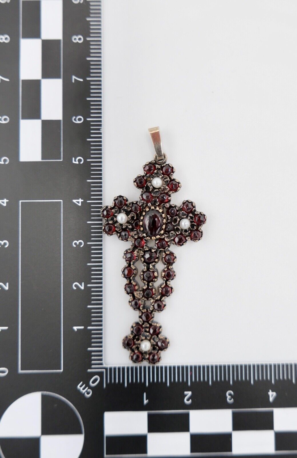 antik großer Granat Kreuz Anhänger um 1860 mit Perlen Silber 925 vergoldet - Antikhandel-Stuttgart