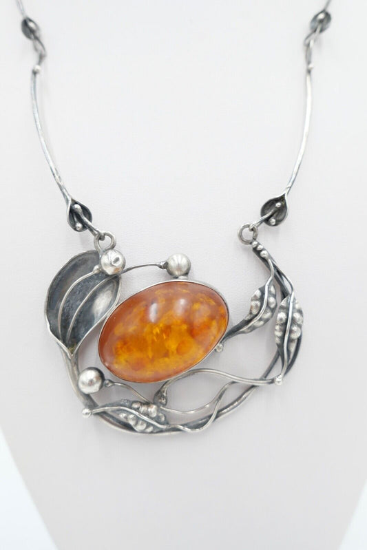 Florale Bernstein Kette Collier 925 Silber IX Halskette Ø 49cm - Antikhandel-Stuttgart