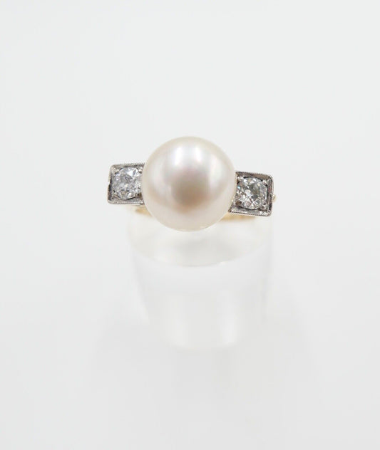 antik Damen Ring Gold 585 / 14K Gr. 56 Diamant Altschliff süßwasser Zuchtperle - Antikhandel-Stuttgart