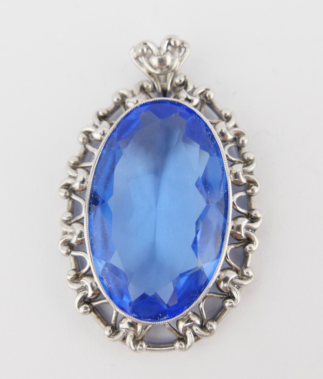 Großer Art Deco 835 Silber Anhänger mit 4,1 Ct blauem Glas Ø 6,3 cm um 1930 - Antikhandel-Stuttgart