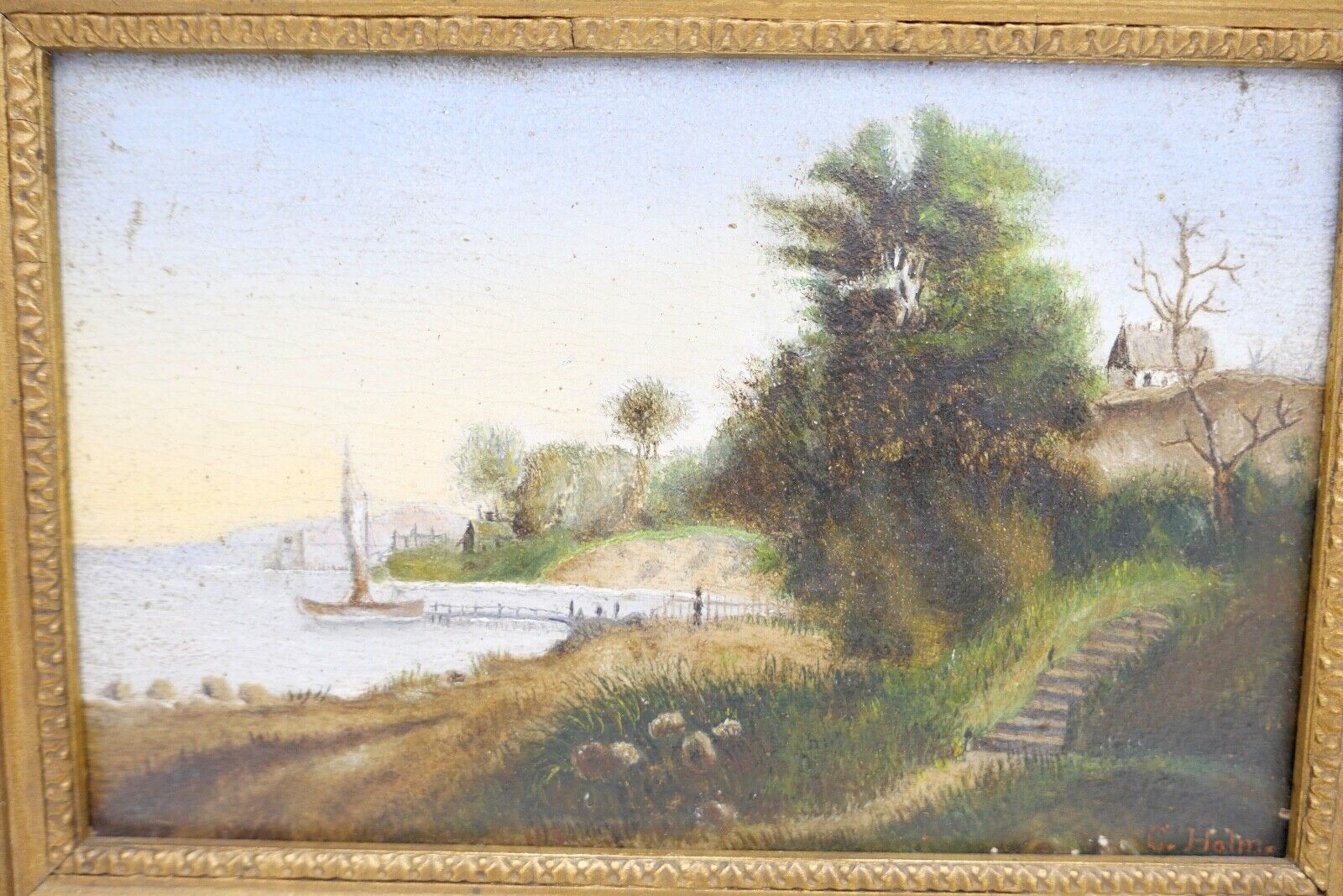 kleines Ölgemälde Öl auf Holz sig. C. Halm Landschaft Dünen Hafen very. Dänemark - Antikhandel-Stuttgart