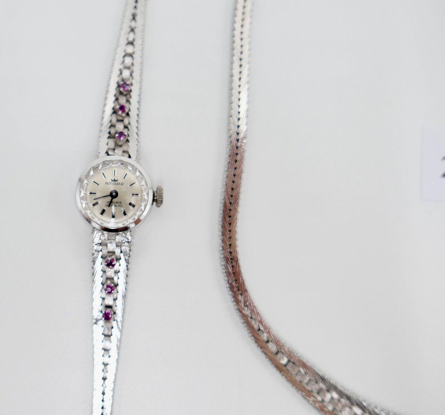 835 Silber Rubin Set " Armband Ring Uhr Ohrringe Collier " 1970er Jahre - Antikhandel-Stuttgart