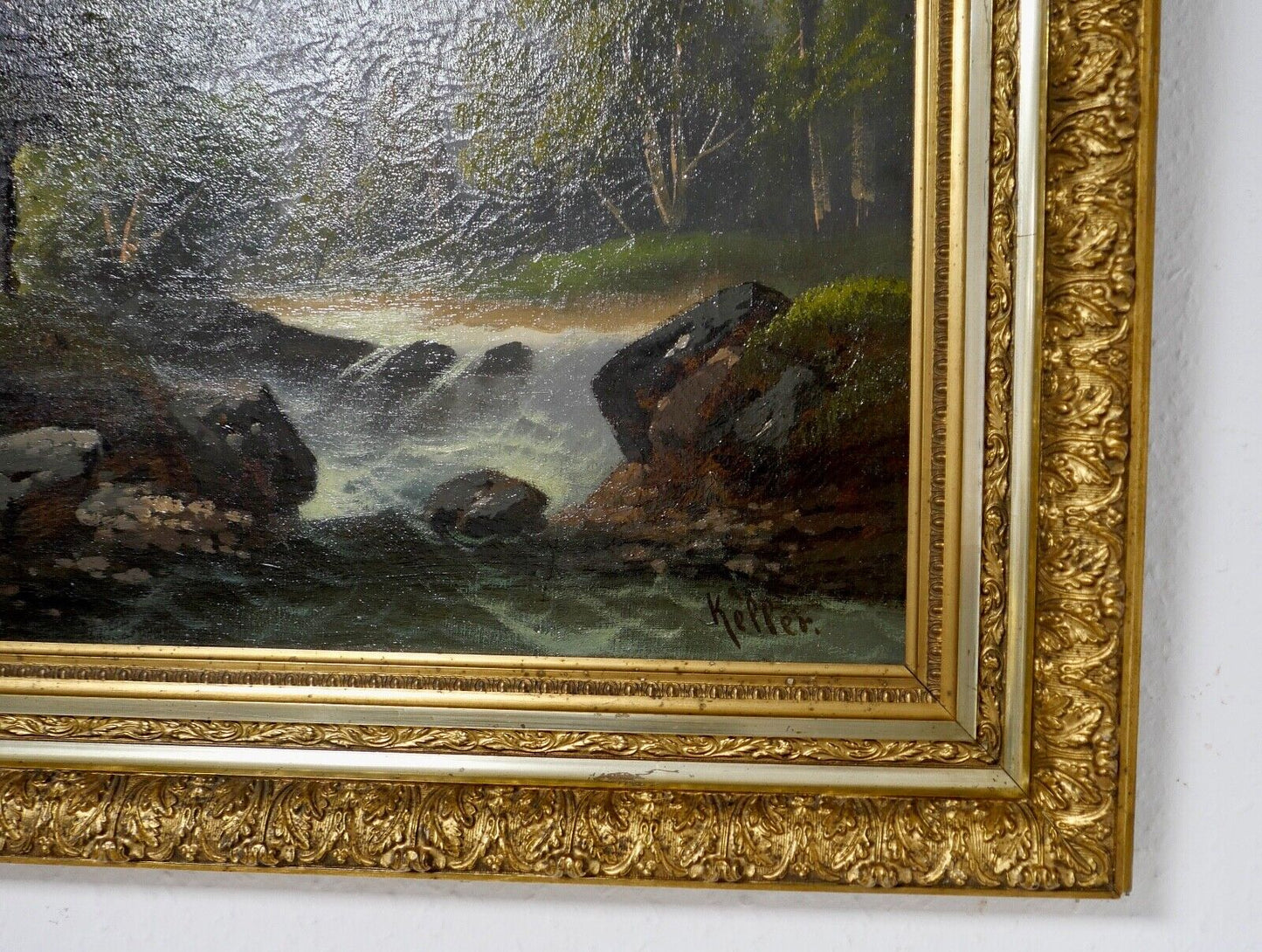 Gemälde Bach / Wald / Berg Landschaft Öl auf Leinwand Prunkrahmen 85x72cm KELLER - Antikhandel-Stuttgart