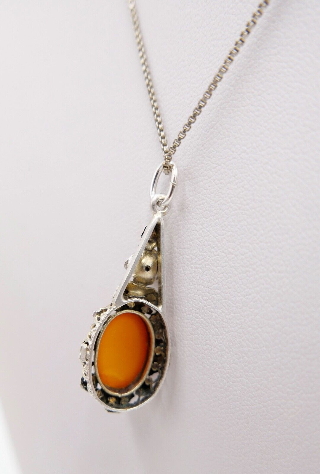 1980er Jahre Floraler Bernstein Anhänger in Silber - Antikhandel-Stuttgart