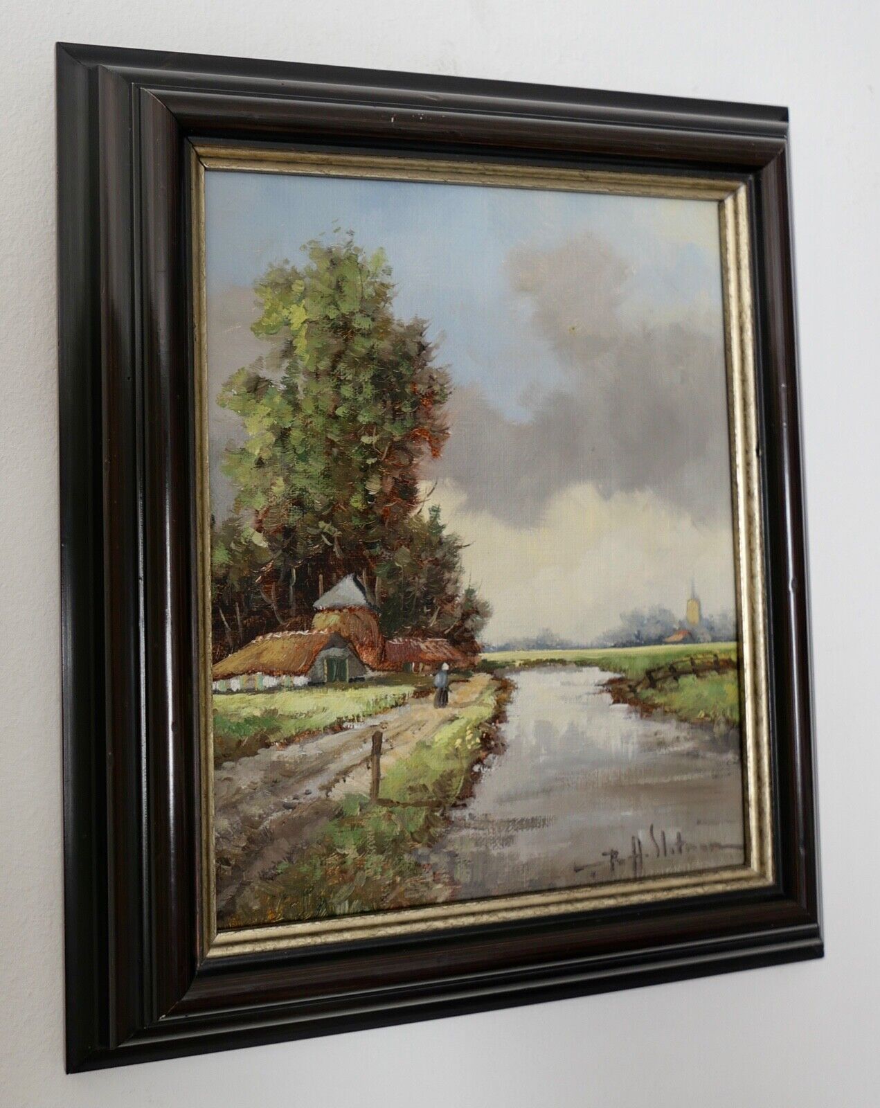 kleines Ölgemälde Niederlande B.H. Slotman Landschaft 32x27cm Leinwand - Antikhandel-Stuttgart
